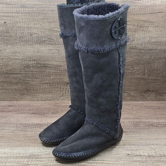 Tory Burch Amelie Women's Size 6.5 Gray Suede Shearling Fur Tall Boots - Picture 6 of 9